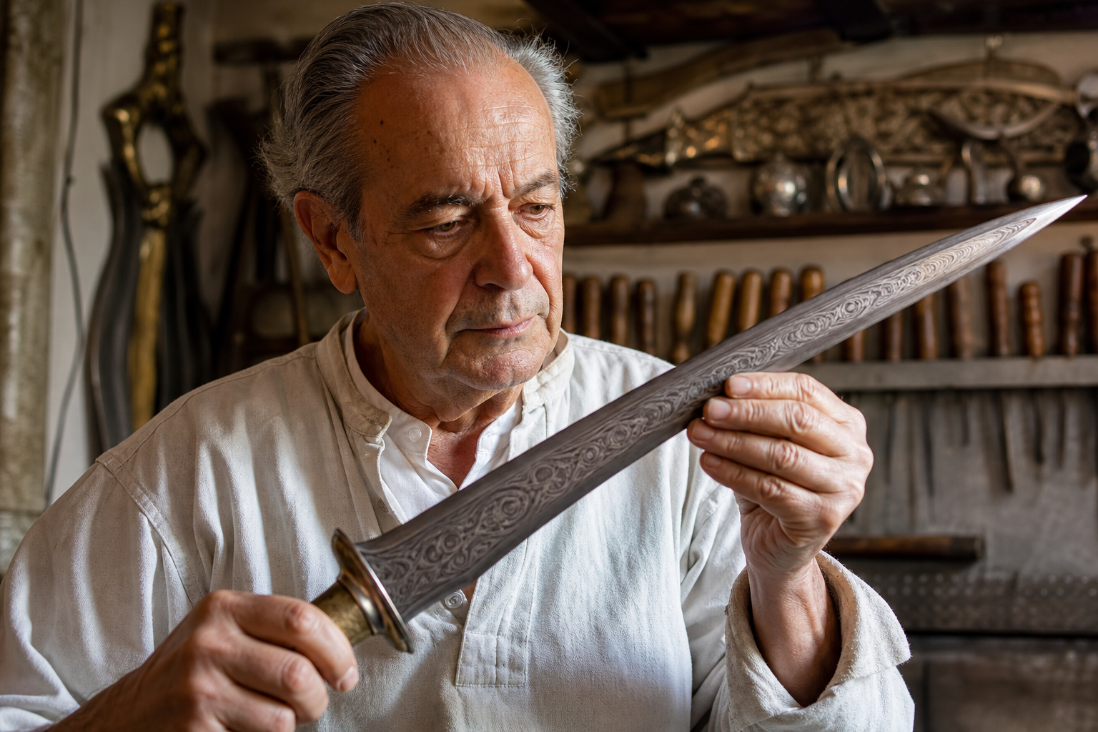 Artesano examinando una pieza de acero damascado toledano